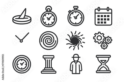Time Exploration Icons. Outline icon set of temporal exploration: sundial, pocket watch, stopwatch, calendar,