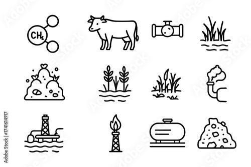Methane Emissions Icons. Outline icon set of methane emissions: methane molecule, cow, gas pipeline, landfill,