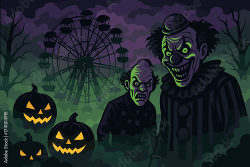 Spooky clowns and Halloween pumpkins at a haunted amusement park at night