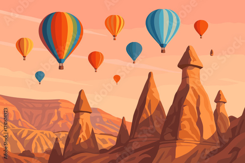 Colorful hot air balloons flying over desert rock formations at sunset in a serene landscape