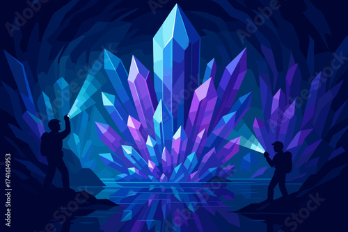 Two explorers uncover glowing crystals in a dark cave during a nighttime adventure