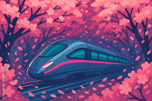 High-speed train travels through a vibrant cherry blossom tunnel in springtime landscape