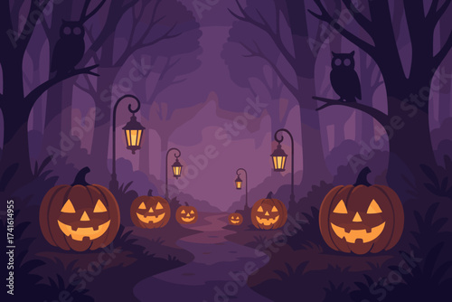 Spooky Halloween scene with glowing pumpkins and eerie owls in a dark forest path at twilight