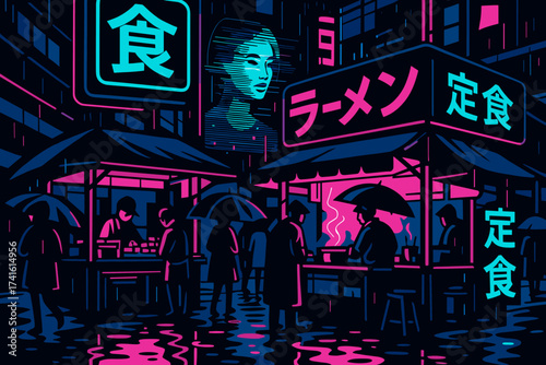Vibrant night market in a futuristic city with ramen stands and glowing signs