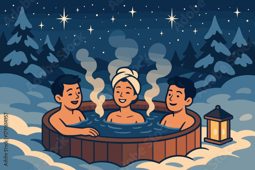 Winter relaxation in a hot tub under a starry sky with friends in a snowy forest setting