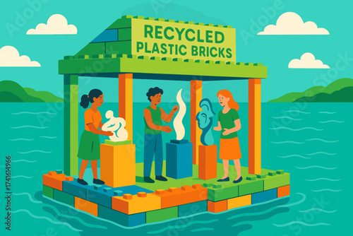 Art exhibit showcasing sculptures made from recycled plastic bricks on a floating platform during a sunny day