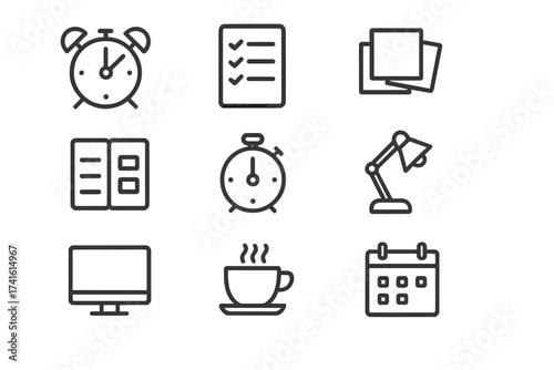 Productivity Icons Grid. Outline icon set of productivity habits: alarm clock, task list, sticky notes,