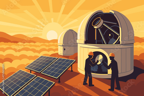 Engineers collaborate at sunset around solar panels and observatory on a mountain