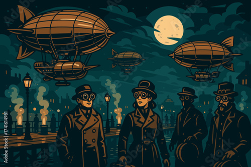 People in vintage attire observe flying airships at night under a glowing moon in a bustling city scene