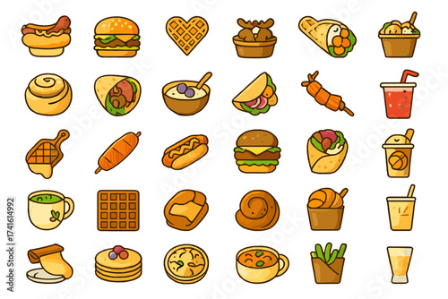 Various types of delicious food illustrated with bright colors and playful designs on a white background