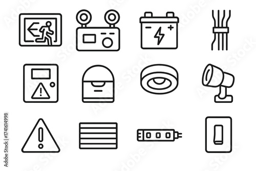 Emergency Lighting Icons. Outline icon set of emergency lighting systems: exit sign, emergency lamp, backup