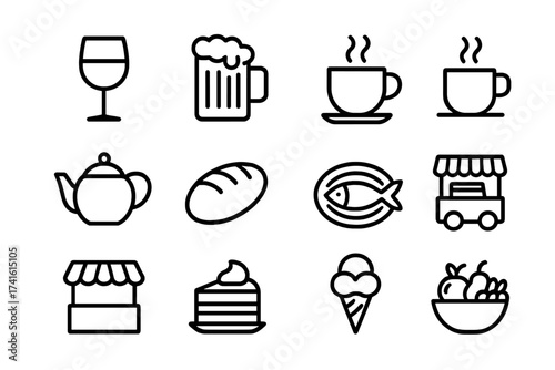 Food and Drink Icons. Outline icon set of food and drink tours: wine glass, beer mug, cheese wheel, coffee cup