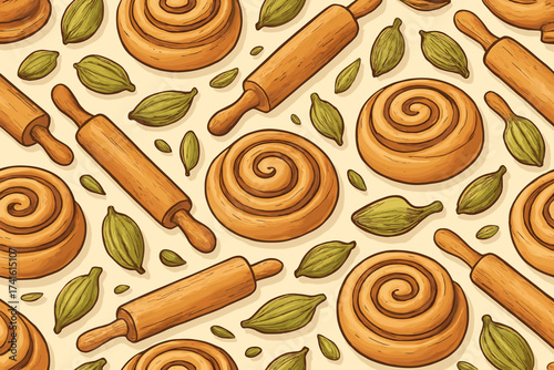Bakery scene with cinnamon rolls and rolling pins arranged on a light background