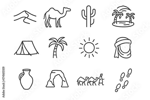 Desert Sightseeing Icons. Outline icon set of desert sightseeing: sand dune, camel, cactus, oasis, tent, palm