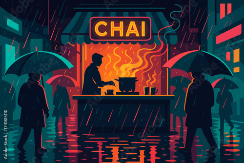 Warm chai stall in the rain with silhouettes of people holding umbrellas in a vibrant city scene at night