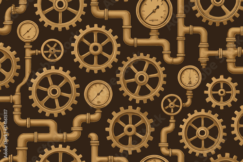 Intricate arrangement of gears and pipes creating a steam punk aesthetic with pressure gauges
