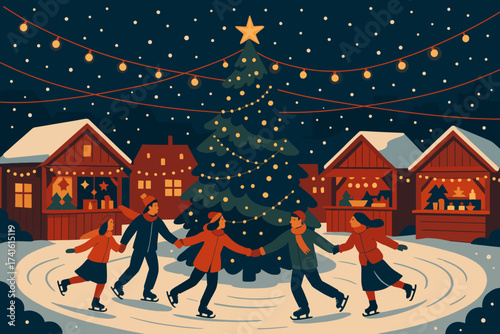 Families enjoy ice skating and holiday festivities around a decorated Christmas tree in a snowy winter landscape