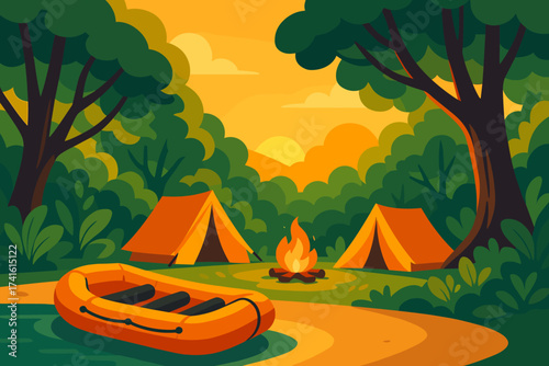 Camping by the river with tents, a campfire, and a bright sunset in a serene forest