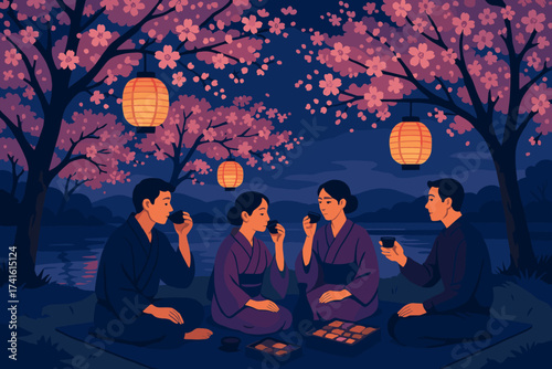 Friends enjoy a traditional meal under cherry blossom trees during a spring evening gathering