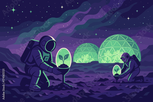 Space explorers cultivate plants on a distant planet in futuristic domes under a starry sky