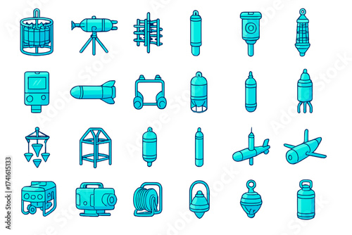 Collection of blue technical icons depicting various instruments and devices used in engineering and scientific fields