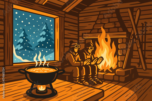Cozy winter retreat with friends near the fireplace and snow-covered trees in the background