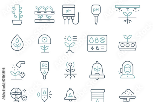 Various icons representing gardening tools and plant care techniques for sustainable agriculture