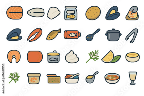 Selection of seafood and cooking ingredients displayed in a simple illustration for meal preparation