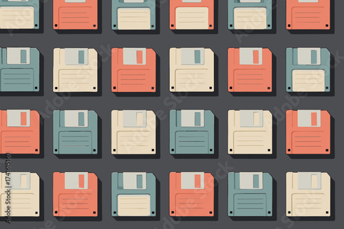 Colorful collection of vintage floppy disks arranged in a grid pattern on a dark background