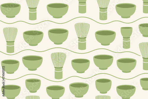 Patterns of green tea utensils and bowls arranged in a repeating design ideal for traditional tea ceremonies