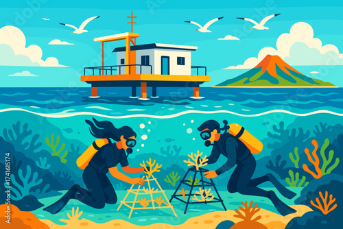 Divers restore coral reefs near a coastal research facility on a sunny day