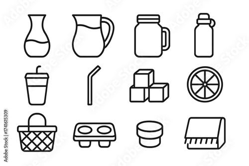 Picnic Drinkware Icons. Outline icon set of picnic drinkware: water carafe, plastic jug, mason jar, reusable