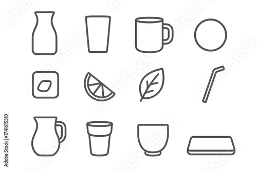 Minimal Drinkware Icons. Outline icon set of minimalistic drinkware: clear glass carafe, slim tumbler, ceramic