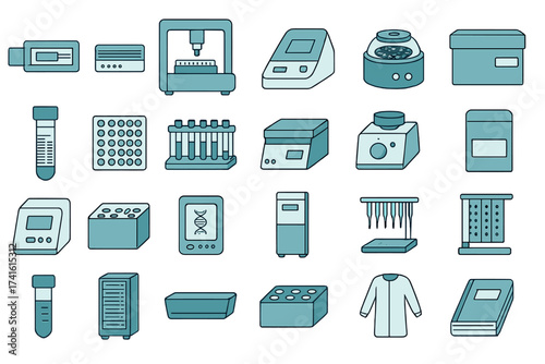 Collection of laboratory equipment icons depicting various tools used in scientific research and analysis