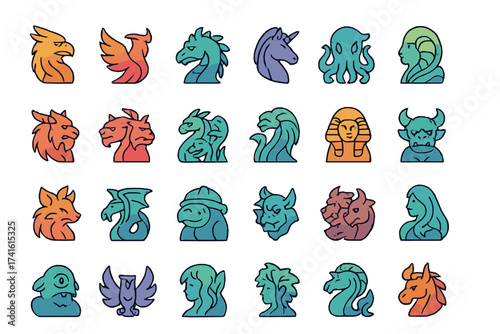Colorful fantasy creatures and mythical beings displayed in various styles and designs with distinct details and shades