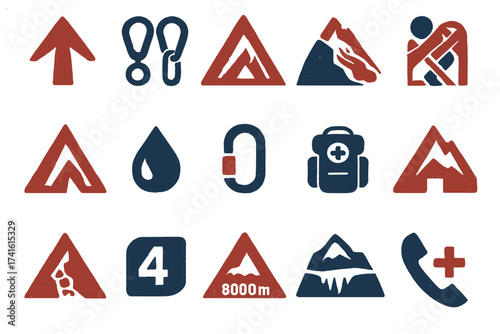 Symbols and icons for climbing and outdoor safety in a bold design on a white background