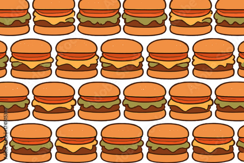 Pattern of colorful burgers with different toppings aligned on a white background