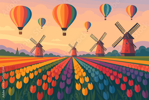 Colorful hot air balloons fly over tulip fields and windmills during sunset in a vibrant landscape scene