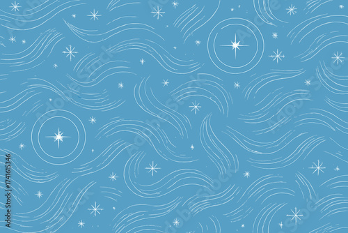 Decorative blue background with white swirling patterns and stars creating a dreamy atmosphere