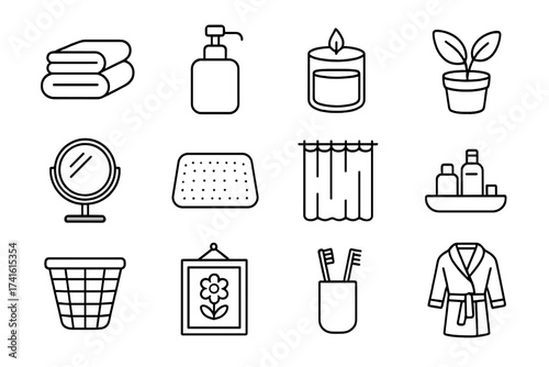Bathroom Icon Set. Outline icon set of bathroom staging: clean towels, soap dispenser, scented candle, potted