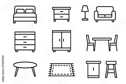 Room Staging Icons. Outline icon set of room-specific staging: bedroom bed, nightstand, lamp, dresser,