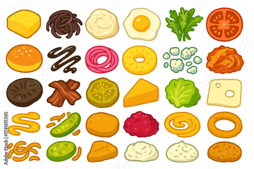 Variety of colorful food items displayed together on a bright background for a vibrant meal setting