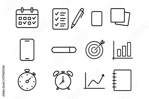 Habit Tracking Icons. Outline icon set of habit tracking: calendar, checklist, pen, sticky notes, smartphone,