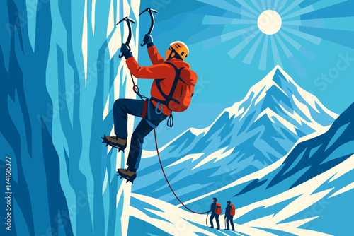 Mountain climber scaling ice wall with team in background on sunny day in snowy landscape