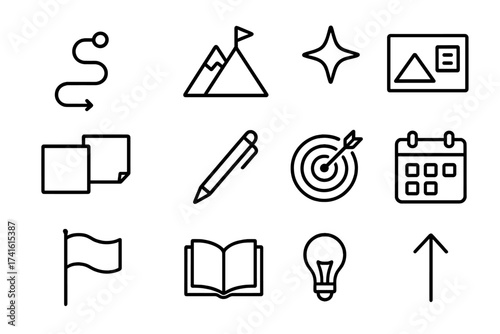 Dream Mapping Icons. Outline icon set of dream mapping: path icon, mountain peak, star, vision board, sticky