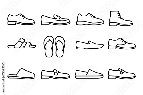 Men's Footwear Icons. Outline icon set of men’s footwear styles: dress shoes, loafers, sneakers, boots,