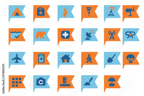 Colorful icons representing various activities, equipment, and symbols for outdoor adventures and safety tips