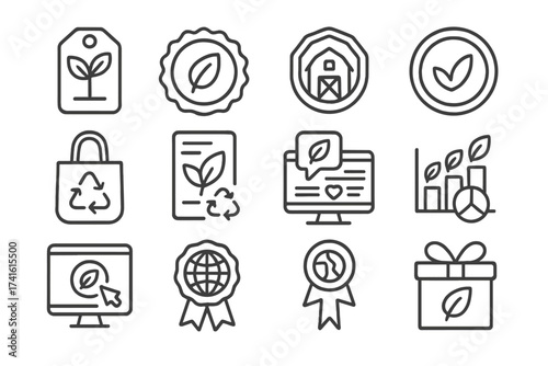 Sustainable Marketing Icons. Outline icon set of sustainable marketing: eco-friendly product label, green