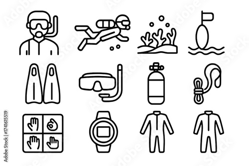 Scuba Lesson Icons. Outline icon set of beginner scuba lessons: instructor, student diver, shallow reef,