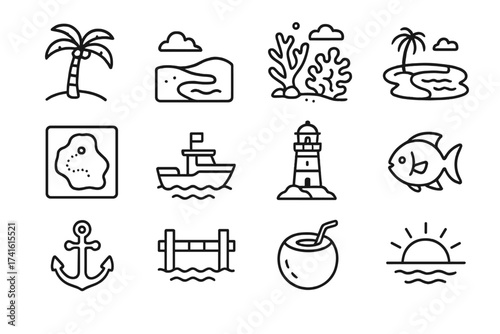 Tropical Diving Icons. Outline icon set of tropical diving locations: palm tree, sandy beach, coral reef,